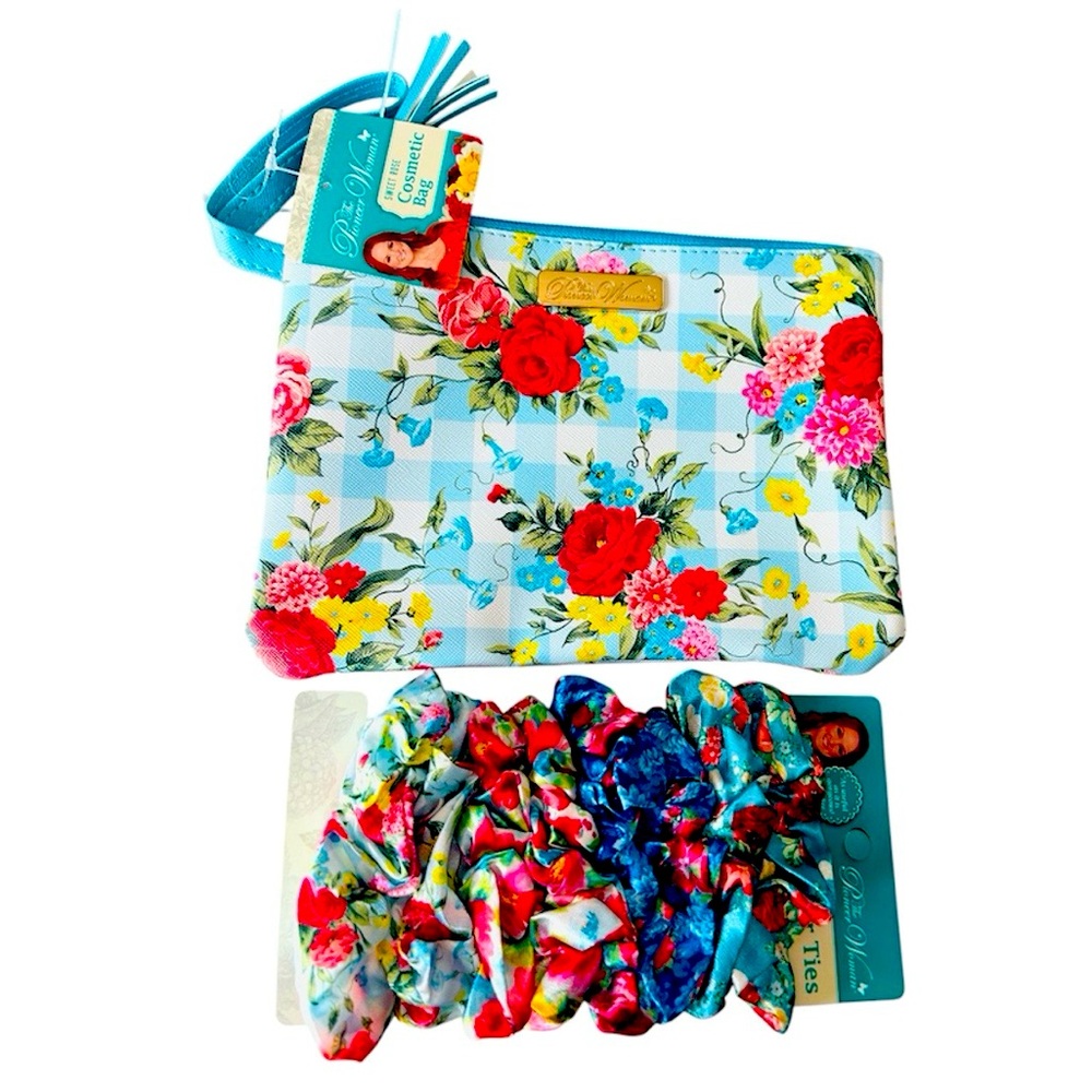2-Piece Set-The Pioneer Woman Sweet Rose Floral Pouch plus 8 Hair Satin Ties NEW